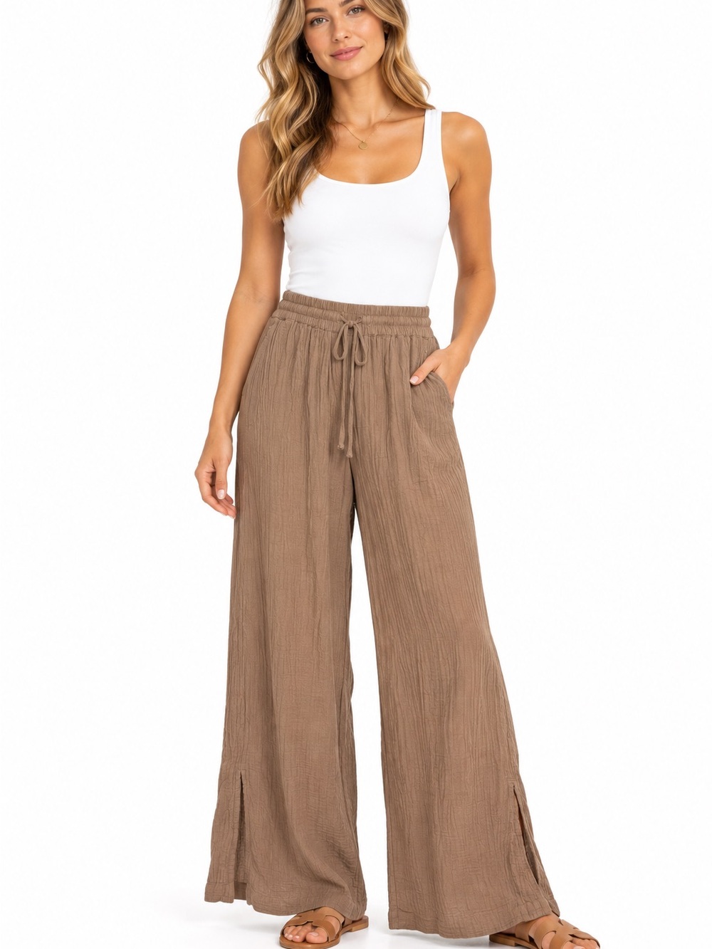 Pact Women's Coastal Double Gauze Split Hem Pants Size Medium Beige